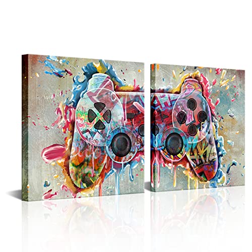 HOMEOART Game Room Decor Graffiti Wall Art Boys Bedroom Decor Painting Framed Artwork for Walls Gaming Poster Gamer Wall Decor Picture (12″x12″x2 Panels)