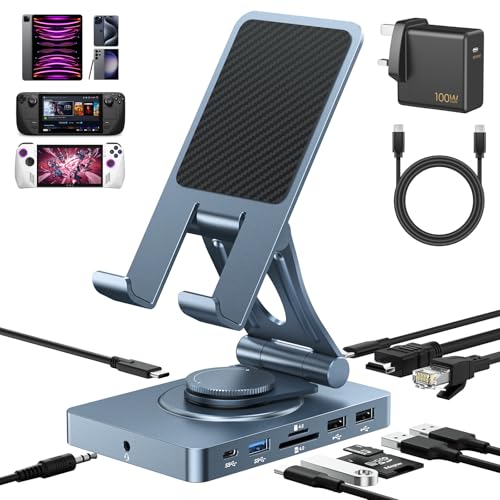 Versatile USB-C Docking Station for iPad, 11-in-1 Hub with SD/TF 4.0, 4K@60Hz HDMI, RJ45, Audio, USB-A & USB-C, Rotatable Dock, for Tablet, Steam Deck, ROG Ally, Legion Go, with 100W Adapter
