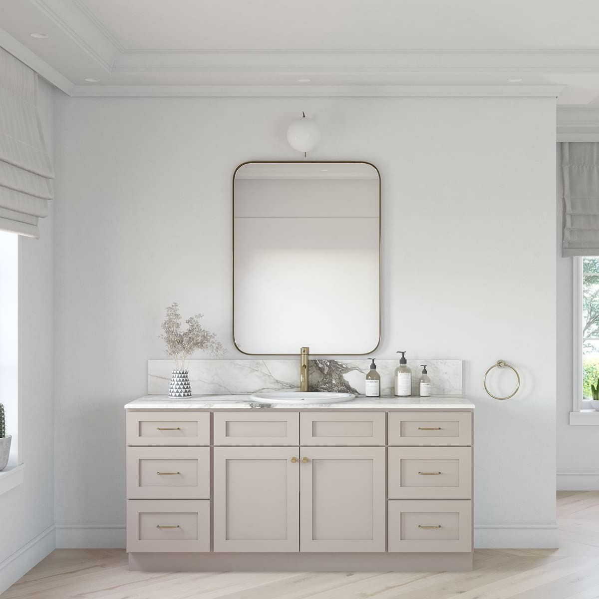 RTA Cabinet Store 72 Inch Single Sink Bathroom Vanity Base Without Top - Weston Model - Sand Color with Shaker Style Cabinets and 6 Soft Close Drawers