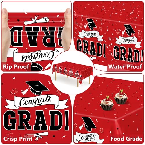 Image of 2 PCS Graduation Tablecloth, 108 inch X 54 inch Red Graduation Table Decorations 2026, Disposable Plastic Tablecover for Grad Decor Party Supplies, Rectangle Table Cover for Class 2026 Congrats Grad for Kids