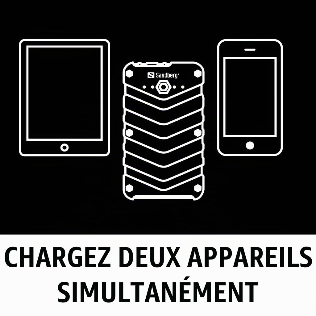 Sandberg Survivor Powerbank 20100 mAh | Chargeur Mobile Portable Haute capacité | USB-C, USB-A | Boîtier étanche aux Chocs Anti-poussière IP67 | Lampe de Poche | 8 Frais de téléphone