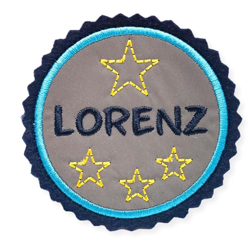 Klettie Reflektor mit Namen und Sternen für Schulmappe Wunschname 8cm blau und türkis - bis 8 Buchstaben