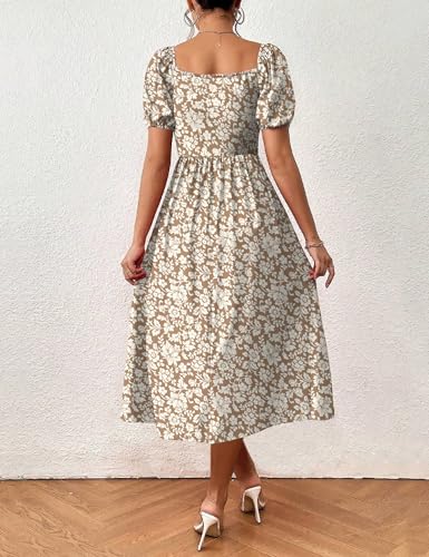 Image of SPRIME Women's Floral Summer Casual Dress Square Neck Puff Sleeve Boho Midi Dresses Ruched Bust High Waist Split Long Dress