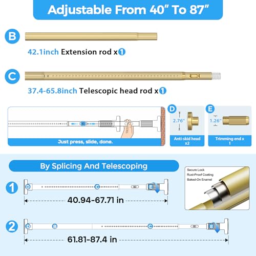 Image of AIZESI 41-86 Inch Heavy Duty Gold Tension Curtain Rod - No Drilling, Adjustable, Rust-Proof for Outdoor, Living Room, Bathroom