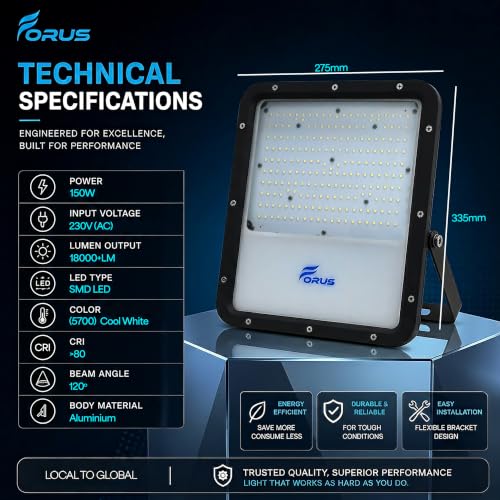 Image of Forus 150W LED Flood Light Outdoor with 4-Yr Warranty, IP67 Waterproof Decorative Focus Light, Cool White Security Lighting for Home, Garden, Events, Terrace, Landscape, Building, Stage, Party (1 PC)