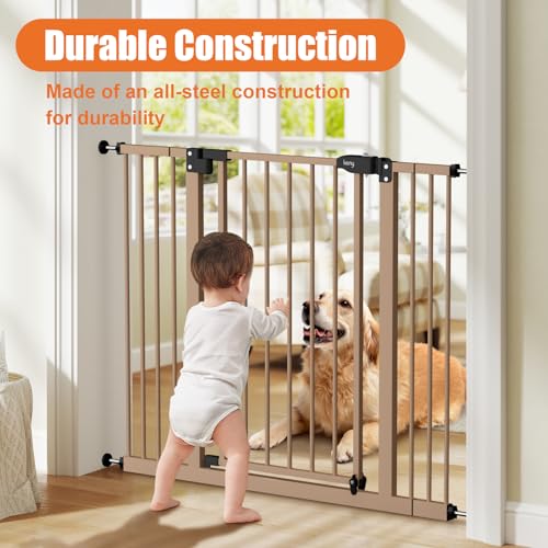 Image of keny 29 inch-42.5 inch Baby Gate for Stairs, Auto Close Safety Dog Gate | Pressure Mounted Easy Walk Through Pet Gate for Doorways, Durable Stair Gate, 30 inch Tall, Brown