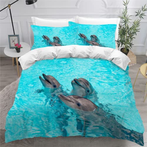 SK-YBB Parure de Lit 200x200 Dauphin Sets de Housses de Couettes Enfant Garçon Fille 3D Imprimé Océan Literie 2 Places+2 taies d'oreiller 65x65 3 Pièces...