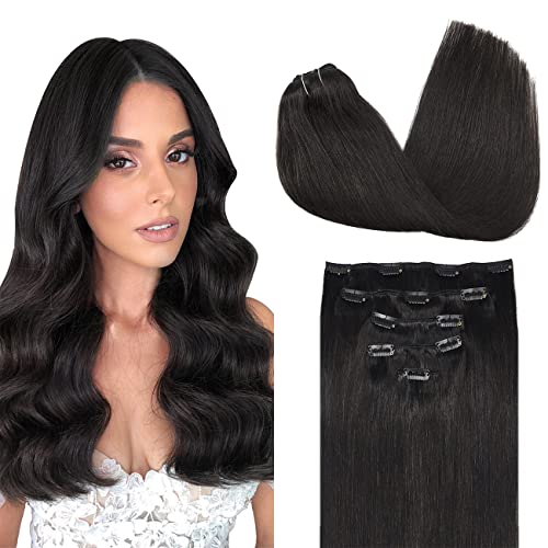 Image of DOORES Human Hair Extensions Clip in, 5pcs 80g Natural Black 18 Inch Clip in Hair Extensions Straight Natural Remy Hair Extensions