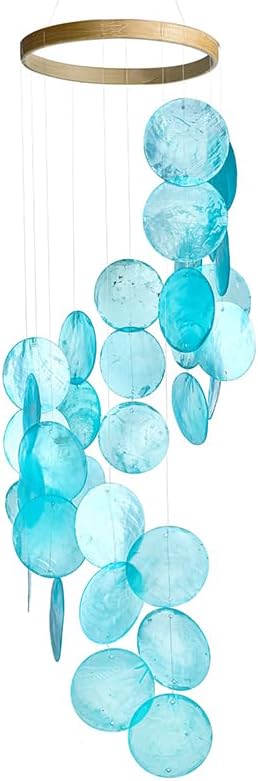 YUFENG Wind Chimes Outdoor Decor, 17'' Ocean Blue Capiz Shell Metal Windchime for Outside Garden Yard Home, Soothing Sound Decorative Wind Bell Memorial Ornament for Christmas Tree Gift