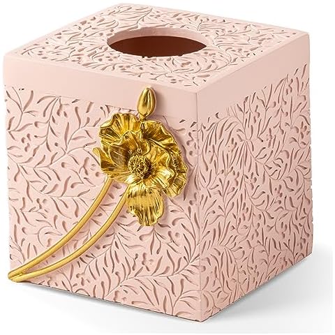Gold Lotus Flowers Square Tissue Box Cover, Pink Tissue Box Holder for Bathroom Countertop,Vanity, Office, Bedroom Night Stand and Living Room, Hand Carved 3D Florwers Tissue Paper Dispenser Cover