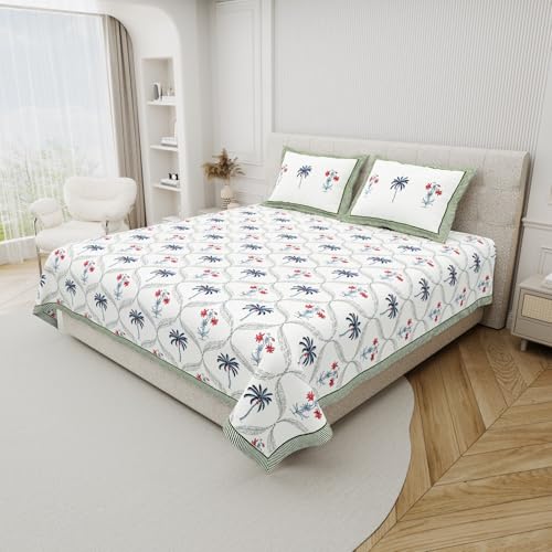 Image of DE CAMA Since 1997 | 100% Cotton 300 TC Premium King Size Bedsheet for Double Bed (90 x 108 Inch) with 2 Pillow Covers Set (17 x 27 Inch) Designer Printed Bedsheet Set - Magestic,White