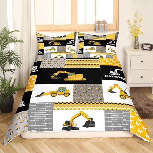 Loussiesd Excavator Bedding Children Construction Vehicles Bedding Set Double Equipment Truck Duvet Cover Set Boys Girls Car Duvet Cover Geometric Lattice Decor Teenagers - Image 3