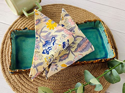 Craftbot Cotton Print Dinner Napkins 18X18 Inches - Washable Cloth Napkins Set Of 6 - Everyday Use Or Dinner Party And Events - Light Yellow Indian Block Printed Fabric #TOP2