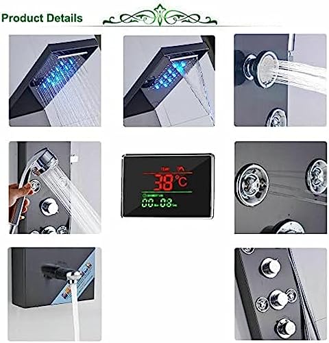 Sistema de ducha, torre de panel de ducha de acero inoxidable con grifo LED, sistema de masaje y lluvia, conjunto de boquillas - acabado cepillado, modelo 8009 (negro) miniatura 5