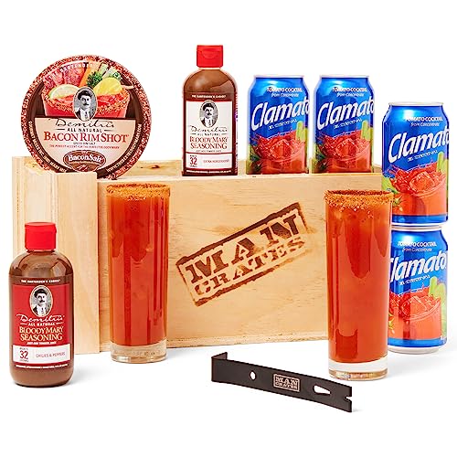 Product Image of the Man Crates, Bloody Mary Crate – Includes Seasonings, Tomato Juice, Collins Glasses – Delectable Drinking Gift