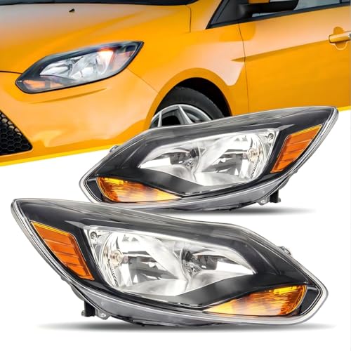 Torchbeam Headlight Assembly Compatible with Ford Focus 2012 2013 2014 OE Headlamp Replacement Black Housing Amber Reflector Pair Front Light Driver and Passenger Side