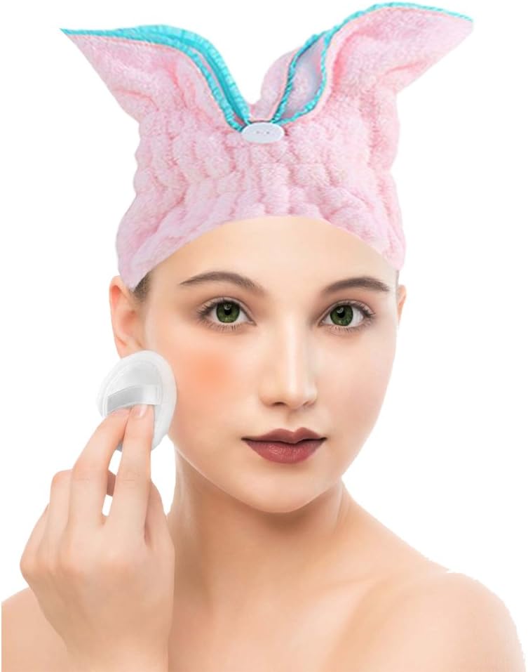PHNAM Cute Hair Drying Towel Cap Ultra Soft Water Absorbent Hair Wrap Hat for Women Adult and Child (2 Pack) (rabbit(blue blue))