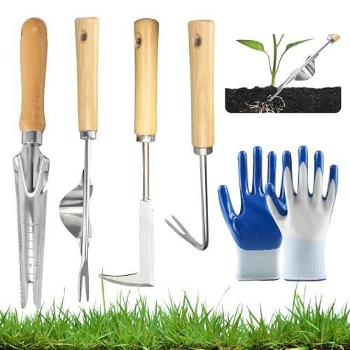 Bogoro Attrezzo Diserbo ManualeSet di 5 pezzi con 4 Estirpatore erbacce da Giardino Professionale Acciaio Inox Manico in Legno 1 Guanto Nylon per Rimuovi Erbacce Giardino