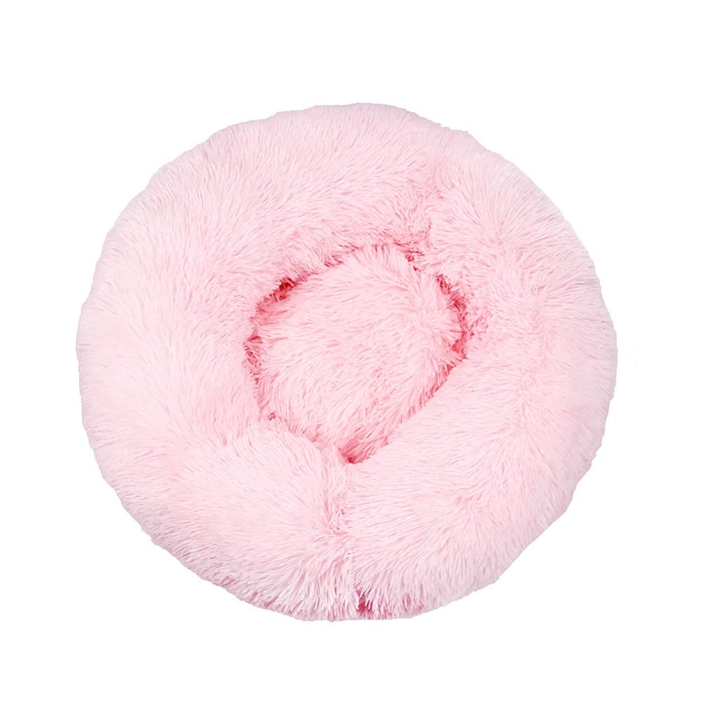 Lit apaisant pour chien rond en fausse fourrure rose pour salon