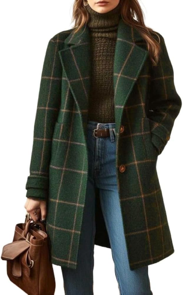 Kinghua Plaid Wool Coats for Women Fall Winter Casual Checkered Long Dress Blazer Jackets Trench Coats Peacoats