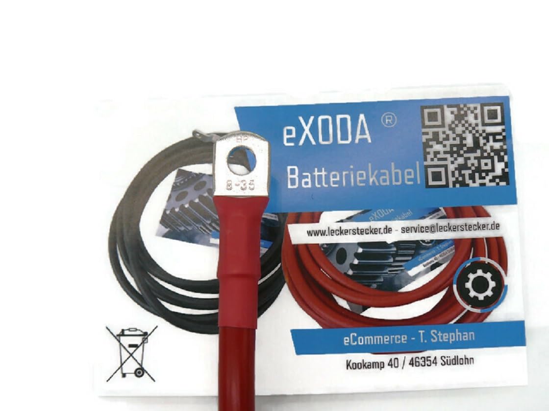 eXODA set di cavi batteria 35 mm² 75cm rosso nero con incisione M8 per 12V | Cavo batteria, 35 mm², 75 cm, rosso e nero, guaina termorestringente, 12V, occhiali M8, resistente al calore, versatile.