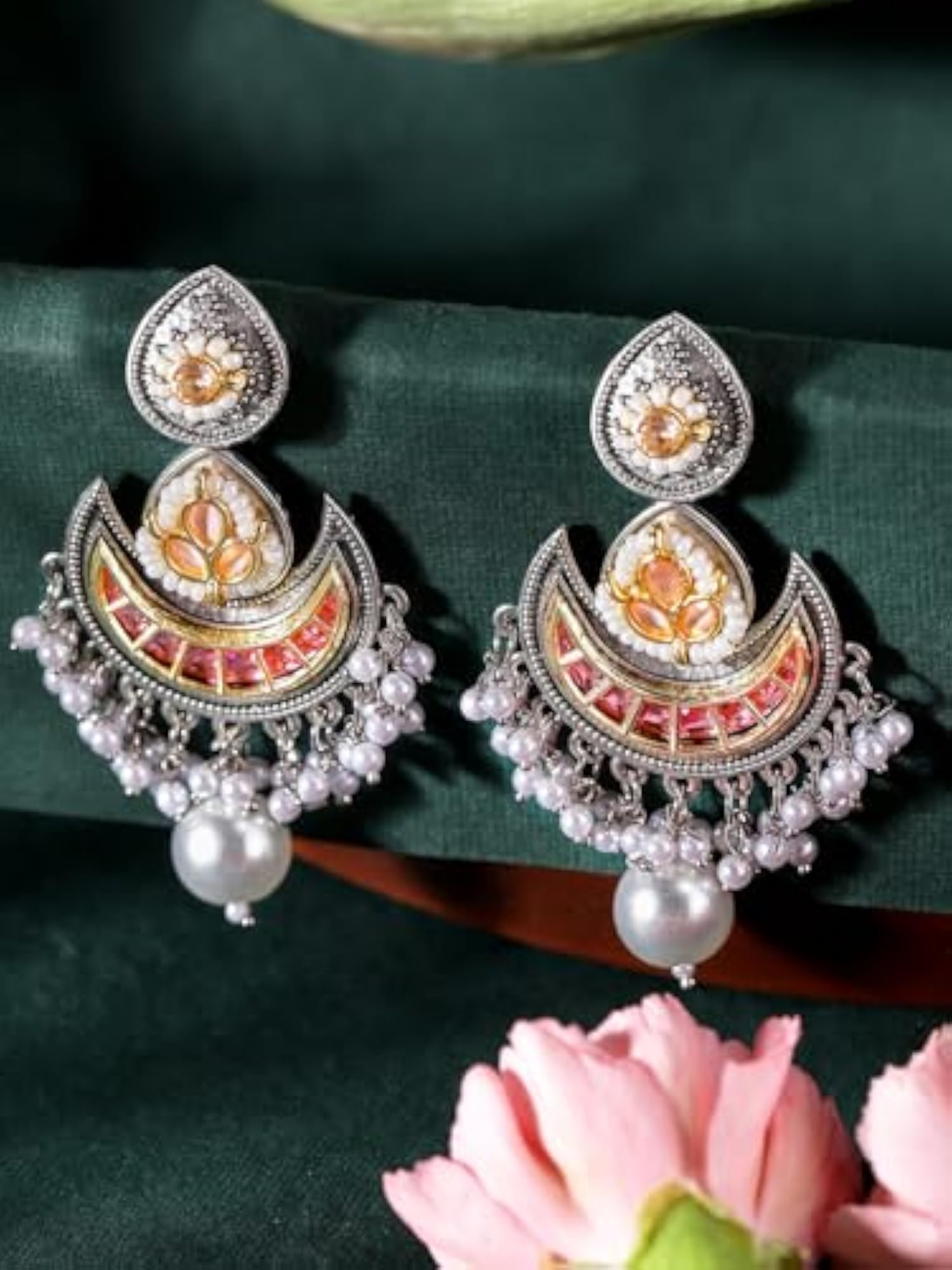 Women's Pink Colour Silver Plated Pearl Chandbali Earrings