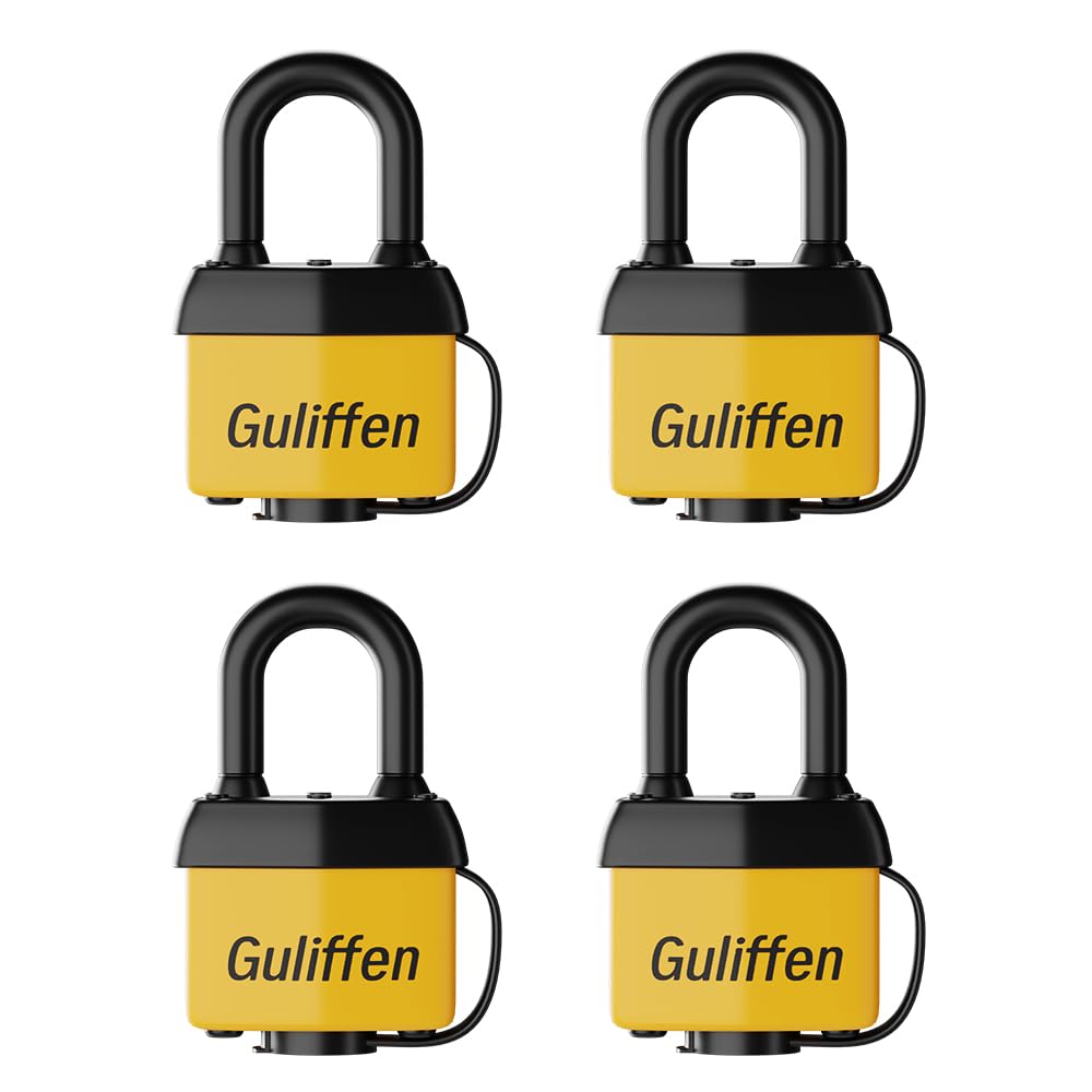 Guliffen Weatherproof Laminated Padlock with Key,4 Pack Outdoor Pad Locks with Same Key for Gate, Shed, Trailer, Storage, Chain