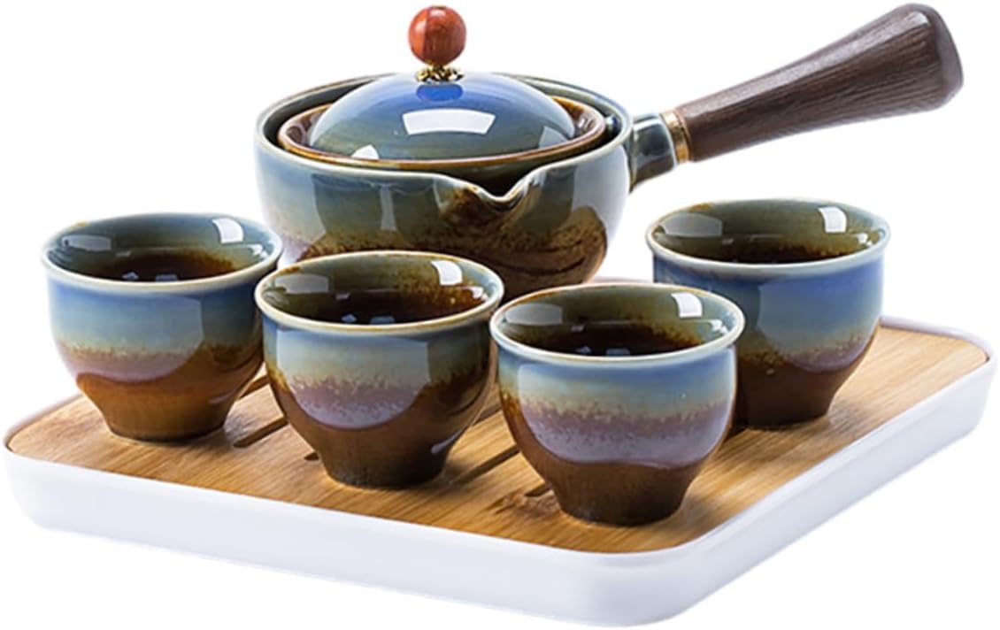 NUOBESTY Portable Ceramic Kungfu Tea Set with Teapot and Four Cups, Military Green Travel Tea Set with Bag for Outdoor and Home Use