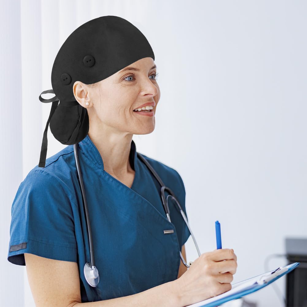 Ponytail Scrub Caps Women with Button, Satin Lined Nurse Caps for Women, Breathable & Adjustable - Image 2