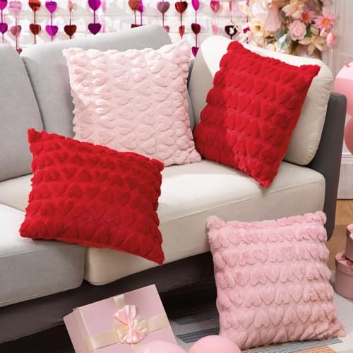 Mixweer 4 Pcs Valentine‘s Day Heart Throw Pillow Covers 18x18 Inches Plush Faux Fur Wool Pillow Covers for Couch Sofa Living Room Decor Couple Present Valentine Gift(Red,Pink)