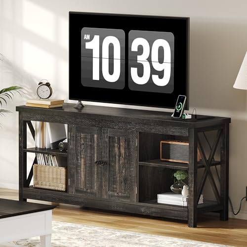 DWVO Farmhouse TV Stand with Power Outlet for TVs up to 65 Inch, Entertainment Center with Adjustable Shelf and Open Shelves, Media Console TV Cabinet for Living Room, Dark Rustic Oak, 59 Inch