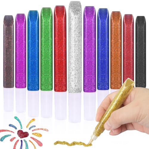 Matio 12 Pack Glitter Glue Stick Set Non-Toxic Washable Glue Pens 10ml Each Craft Glitter Bulk Gel Assorted Color Slime Glue for DIY Art Project Painting Scrapbooking Chriatmas Decor Supply