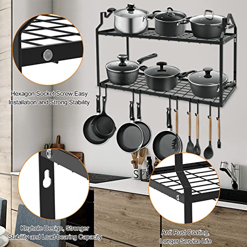 Lader 30Inch Wall Mounted Pot Rack, 2 Tiers Pots And Pans Organizer For Kitchen Organization & Storage, Large Size Black Hanging Pot Rack, Wall Shelf With 5 Connect Hooks #TOP4