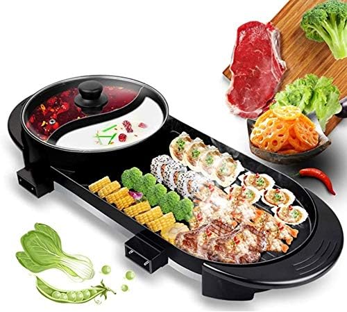 2 in 1 Electric BBQ Grill & Hot Pot with Divider, Separate Dual Temperature Contral, Non-stick Pan, L size 72 * 26CM, Capacity for 1-12 People Party Family gathering (UK plug)