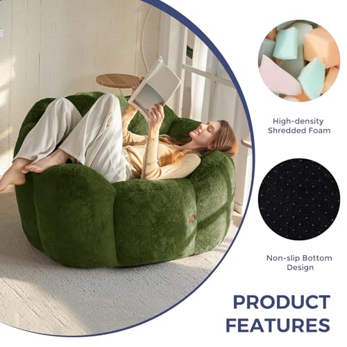 Image of MAXYOYO Bean Bag Chair for Adults, Floral Shaped Bean Bag Sofa, Ultra Soft Faux Fur Floor Sofa, Large Reading Chair for Living Room Bedroom, Green, Single