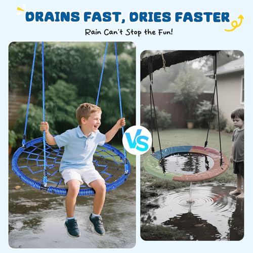 Image of Trekassy 750lbs 40 inch Spider Web Saucer Tree Swing for Kids Adults, Outdoor Net Swing with Steel Frame and 2 Hanging Straps-Blue+Black (Patented)