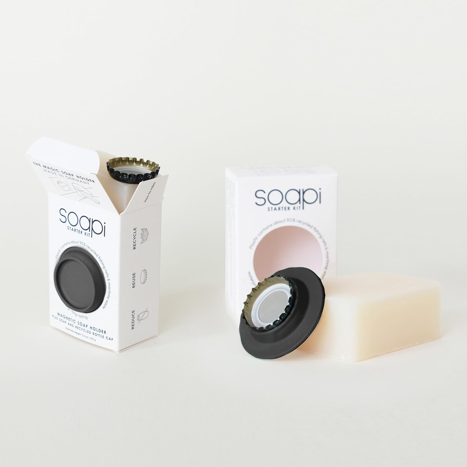 Juego de 2 jaboneras con jabón, Soapi, tapas de corona, soporte magnético flotante para pegar en la pared, soporte magnético para pared, dispensador de jabón, soporte magnético sin taladrar ni ventosa