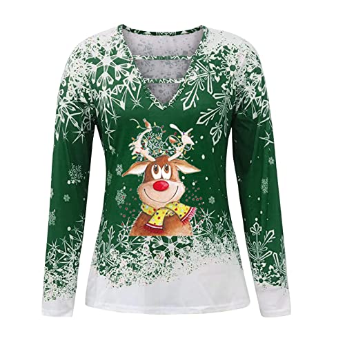 Christmas Sweater For Women New Year 2023 Funny Cute Crewneck Sweatshirt Hollowed V-Neck Crystal Snowflake Holiday Top #TOP3