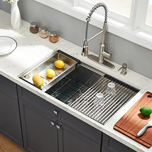 Ecochannels Undermount Kitchen Sink, 32 X 19 Inch Sink Kitchen 16 Gauge Stainless Steel Kitchen Sinks Single Bowl Workstation Sink With Cutting Board #TOP2