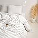 Wake In Cloud - Striped Cotton Duvet Cover Set, Ticking Stripe Vertical Pinstripe Farmhouse, 100% Washed Cotton Textured Percale Bedding Set, 3 Pieces, White, King Size