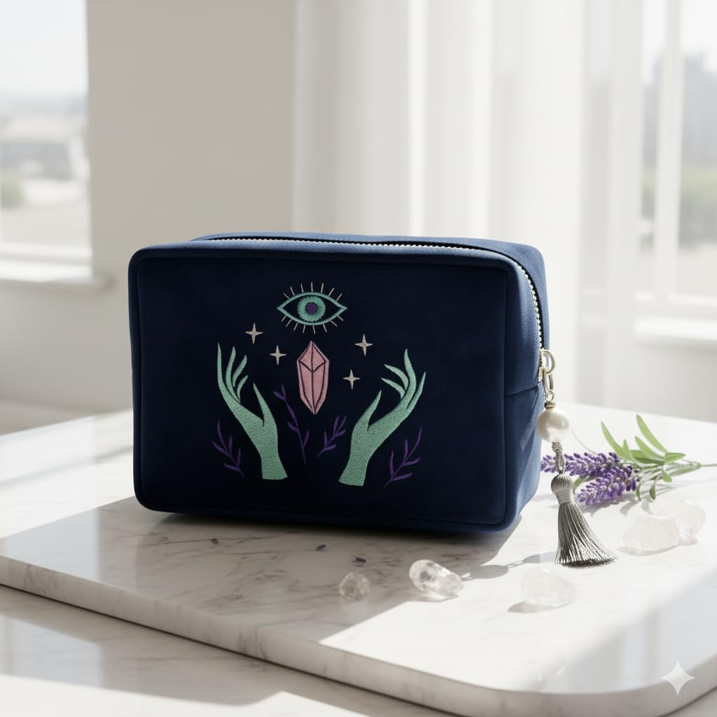 La Muci Velvet Zipper Pouch for Tarot Decks, Oracle Cards and Crystals, Embroidered Mystical Makeup Bag, Soft Velvet Cosmetic Pouch, Travel Organizer Storage Bag with Zipper and Tassel