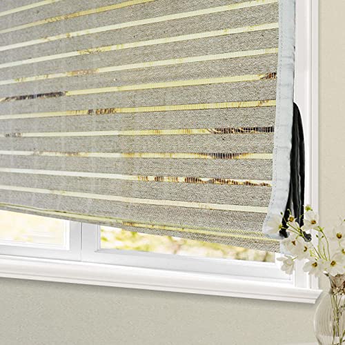 Blackout Cordless Blinds Bamboo Roman Shades, Custom Window Shades with Borders, Natural 100% Bamboo and Linen Blinds for Windows, Pattern 022