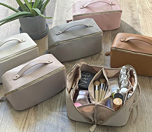 Upgraded Large Capacity Travel Cosmetic Bag - Makeup Bag Opens Flat With Compartments For Easy Access - Leather Waterproof Portable Cosmetics Bag With Handle, Divider - Toiletry Make Up Organizer Bag… #TOP1