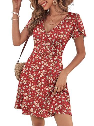 Image of ANRABESS Womens Summer Dresses Short Sleeve Wrap Deep V Neck A-Line Floral Dress Causal Flowy Boho Beach Vacation Sundress