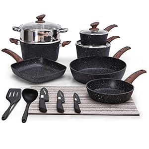 MAISON ARTS 19-Piece Pots and Pans Set – Kitchen Cookware Sets with Nonstick Granite Stone Coating, Suitable for Induction Cooktops,Black