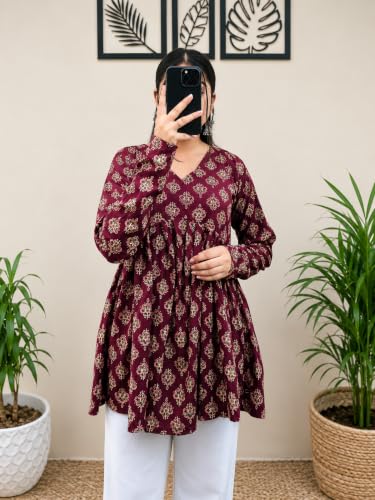 Image of Women's V Neck Short Kurti for Women | Floral Printed Cotton Blend Kurti | Full Sleeve Flared Tunic Top | Casual Ethnic Kurta Top for Women | Stylish Kurti with Jeans