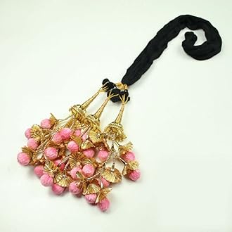 Baby Pink Pom Pom Parandi Paranda Indian Tassels Mehndi Jago Hair Braid (1 Piece, Baby Pink & Gold Tassels with Black Soft Thread Dori PR533)
