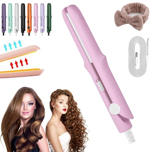 Cozy Home Curling Iron, Cozy Home Mini Dual Curling Iron, Mini Dual Purpose Curling Iron for Short Hair, Rechargeable Cordless Ceramic Mini Hair Curler and Straightener Flat Iron (Pink)
