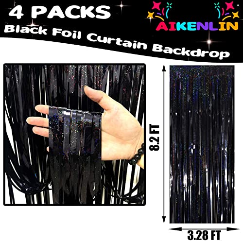 Image of 4 Pack 3.2Ft x 8.2Ft Black Foil Fringe Curtain Backdrop, Metallic Tinsel Foil Fringe Streamers Curtains Background for Photo Booth, Birthday, Wedding, Disco, Bachelorette, Christmas Party Decoration