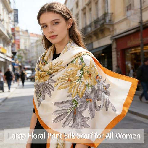 DiaryYomi Large Satin Shawl for Women–Summer Soft Lightweight Yellow Floral Printed Scarf Sun Cover Wraps and Headscarf Ideal for Anniversary Birthday Gifts（Style 18 — view 6
